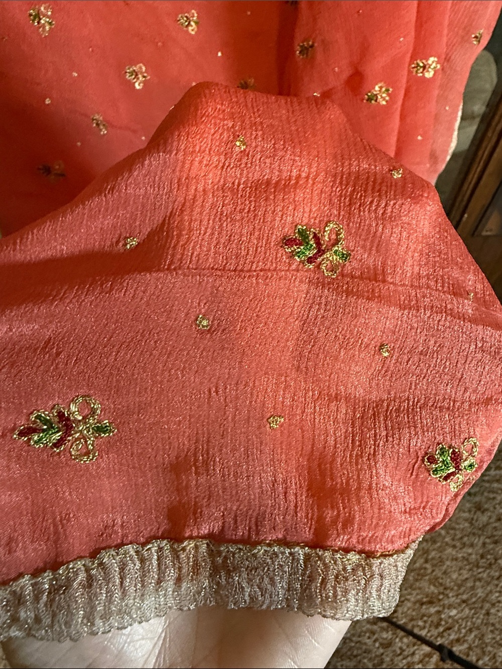 Coral Pink Embroidered Dupatta Scarf Gold Lace Trim Sheer Floral Ethnic Wrap - Picture 4 of 5